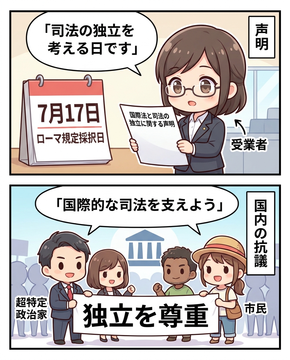 国際法と司法の独立についての声明を読む専門家と、横断幕を持って抗議の意思を示す市民・議員役の人々を描く2コマの絵コンテ。