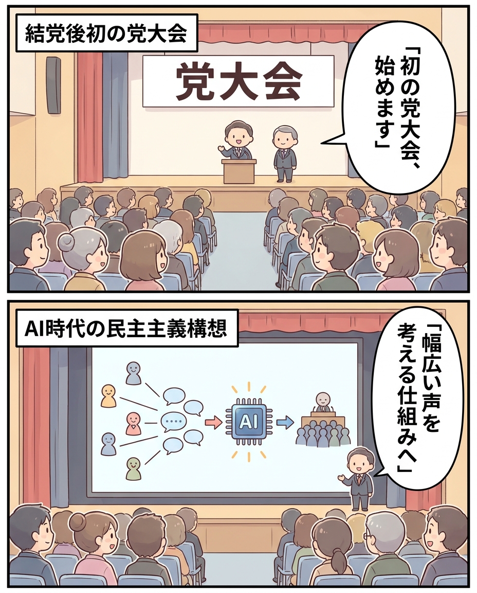 会場で初の党大会が開かれ、次のコマで市民の声とデジタル技術をつなぐ構想が図示される2コマ漫画。