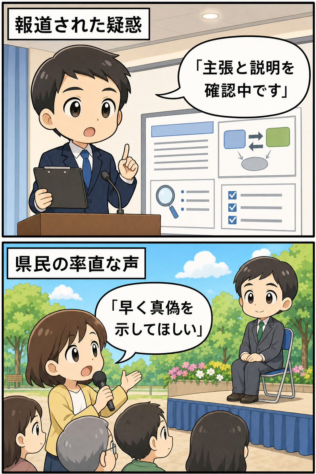 議会ポストを巡る報道への説明と、式典で住民が真偽確認を求める様子を描く2コマの絵コンテ。