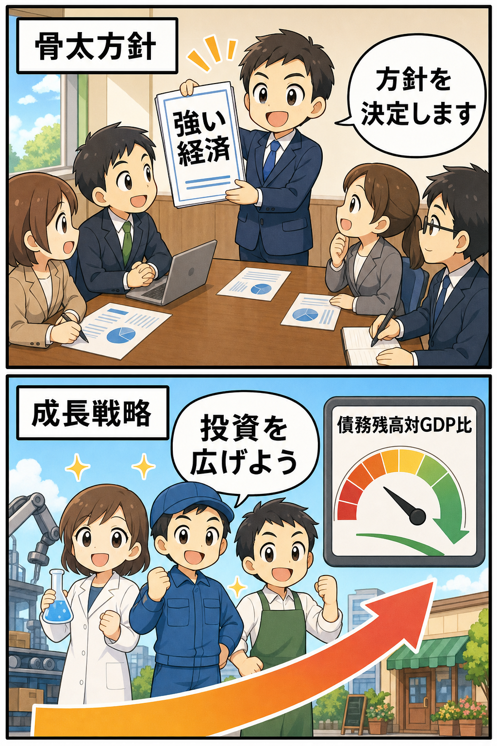 政府の方針決定と、投資拡大・債務残高対GDP比の安定的低下という目標を描く二コマ漫画。