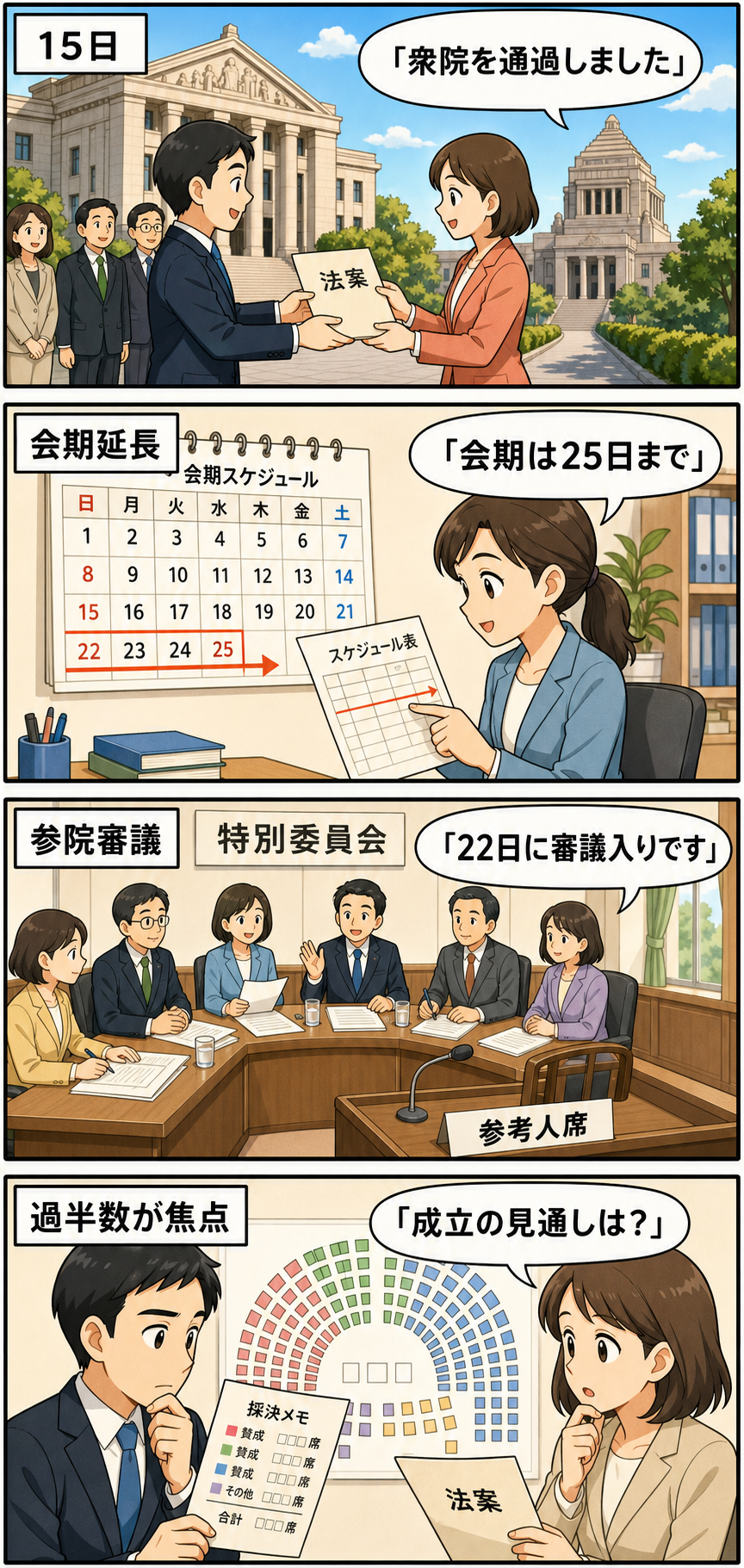 国会を模した中立的な議場で、法案が衆院通過後に会期延長を経て参院の特別委員会へ進み、議席数を確認しながら審議する流れを描く4コマ漫画。
