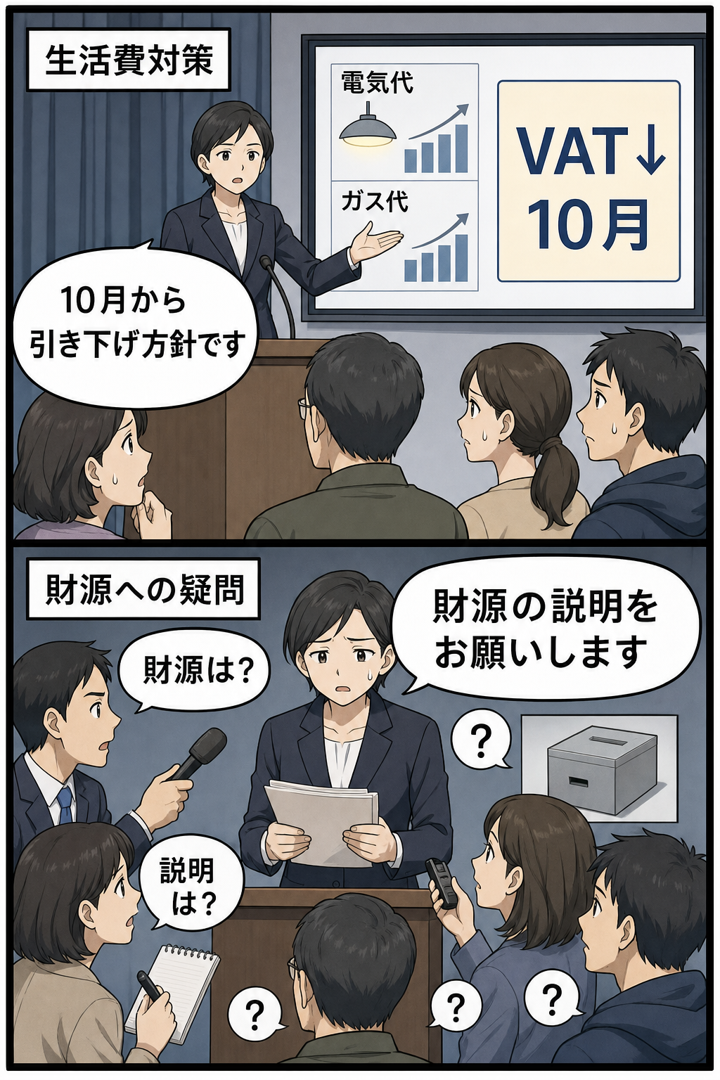 光熱費のVAT減税を示す政府関係者と、財源説明について質問する報道陣・市民を描いた2コマ漫画。