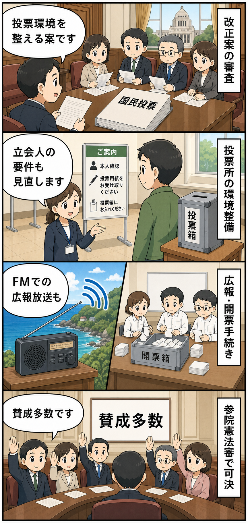 国民投票法改正案について、投票環境の整備項目を確認し、参院憲法審査会で賛成多数により可決するまでを描く4コマ漫画。