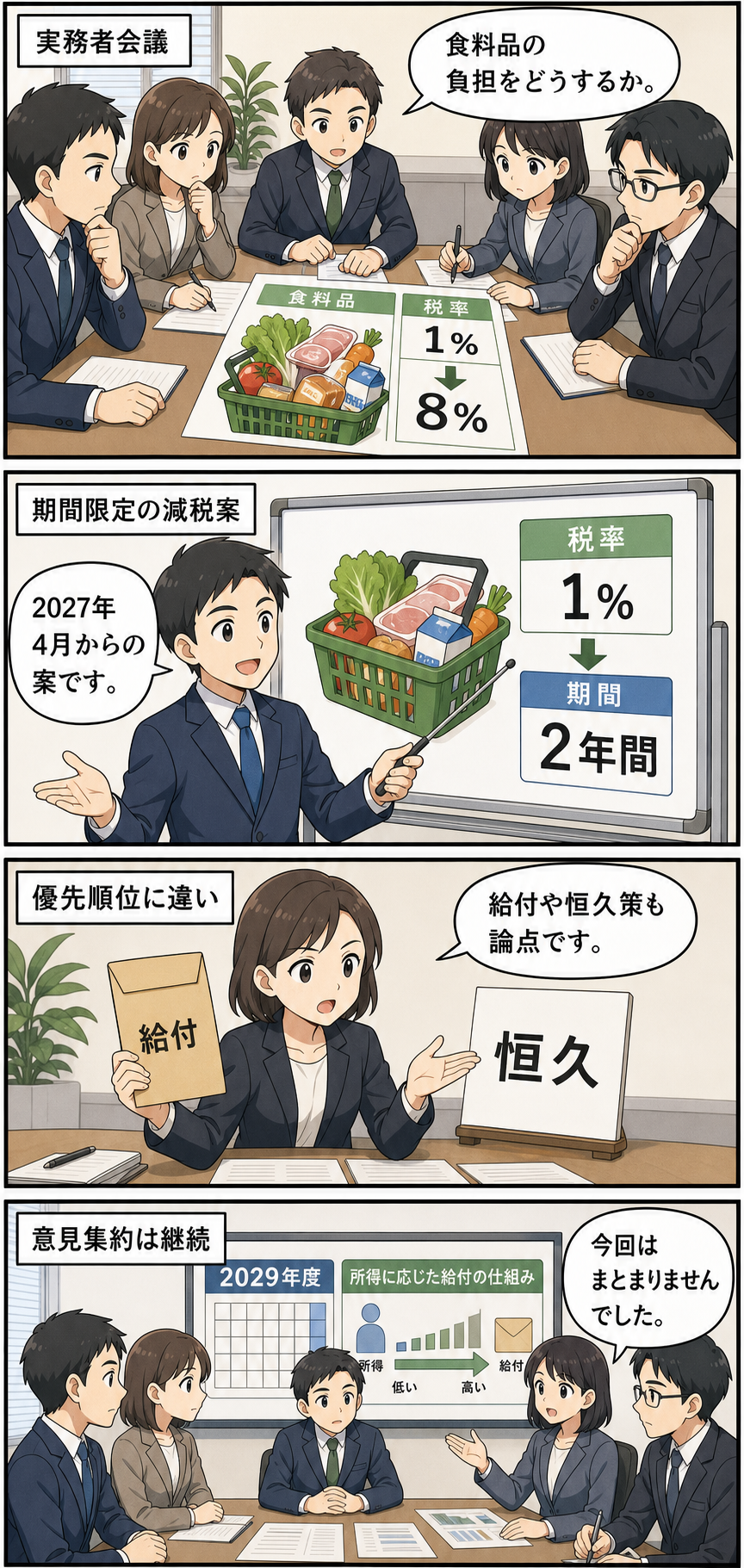 食料品の消費税減税案を話し合う一般化された政党担当者たちが、期間限定の減税案、給付や恒久減税の意見、将来の給付制度を巡る論点を確認し、結論を持ち越す4コマ漫画。