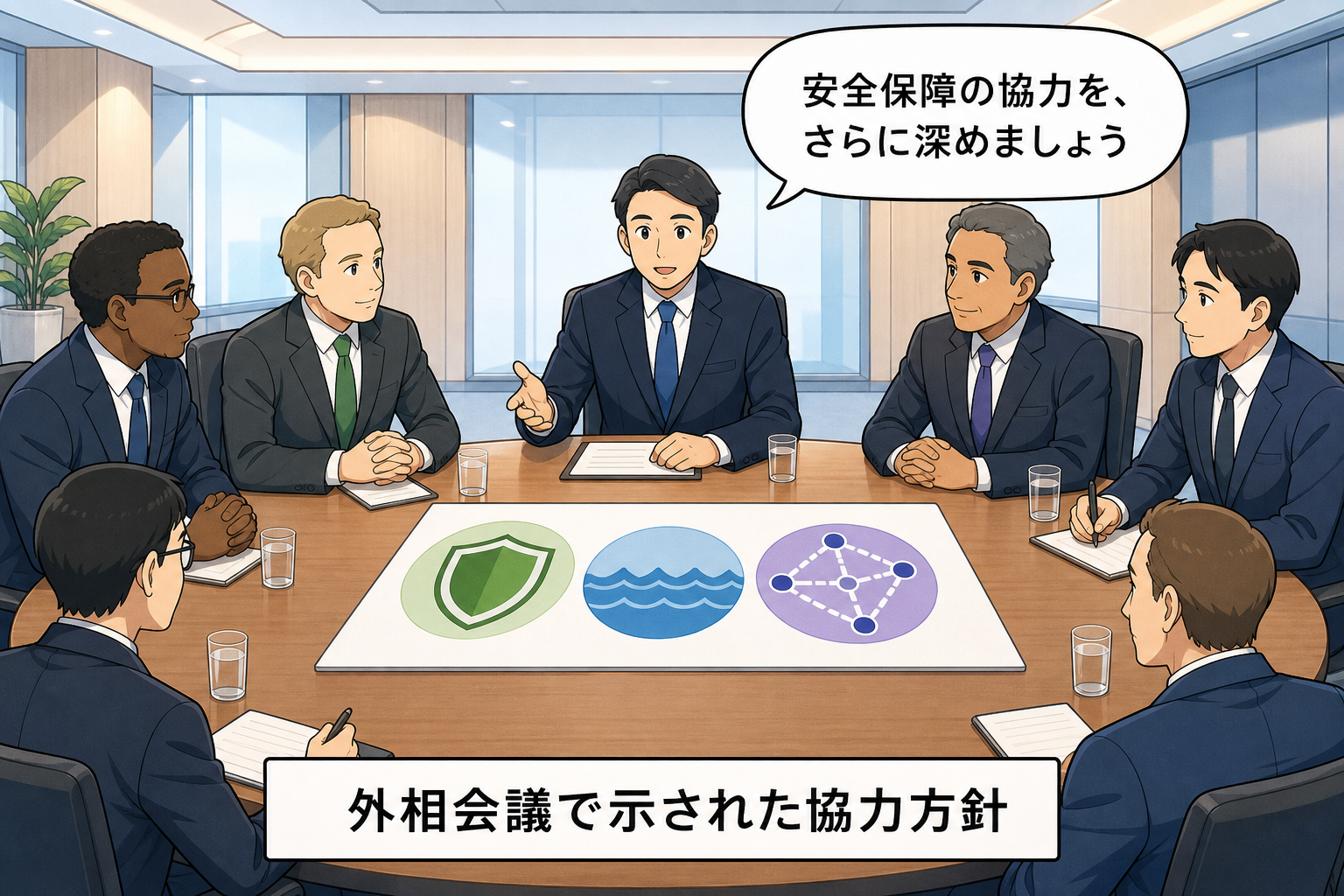 国旗やロゴのない国際会議室で、スーツ姿の男性の外相風キャラが各国代表に、安全保障などの協力深化を呼びかける中立的な一コマ漫画