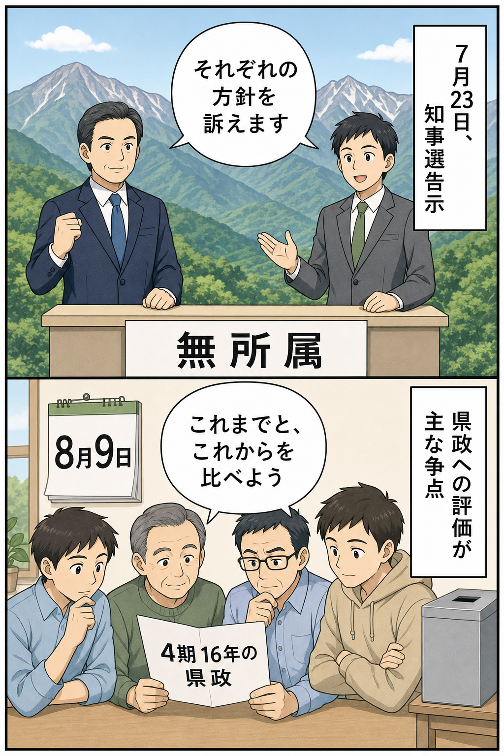 長野県を抽象化した背景の前で、現職と新人を表す二人の男性候補風キャラクターが並び、その先に県政16年の評価を考える有権者と8月9日の投票箱が描かれている。