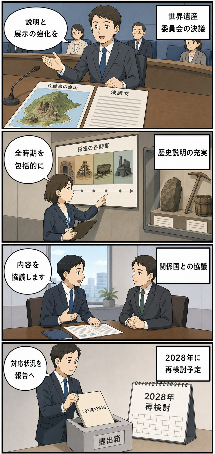 世界遺産委員会の決議を受け、佐渡島の金山の全時期にわたる歴史説明と展示を強化し、関係国との協議を経て報告書を提出する流れを描いた4コマ漫画。
