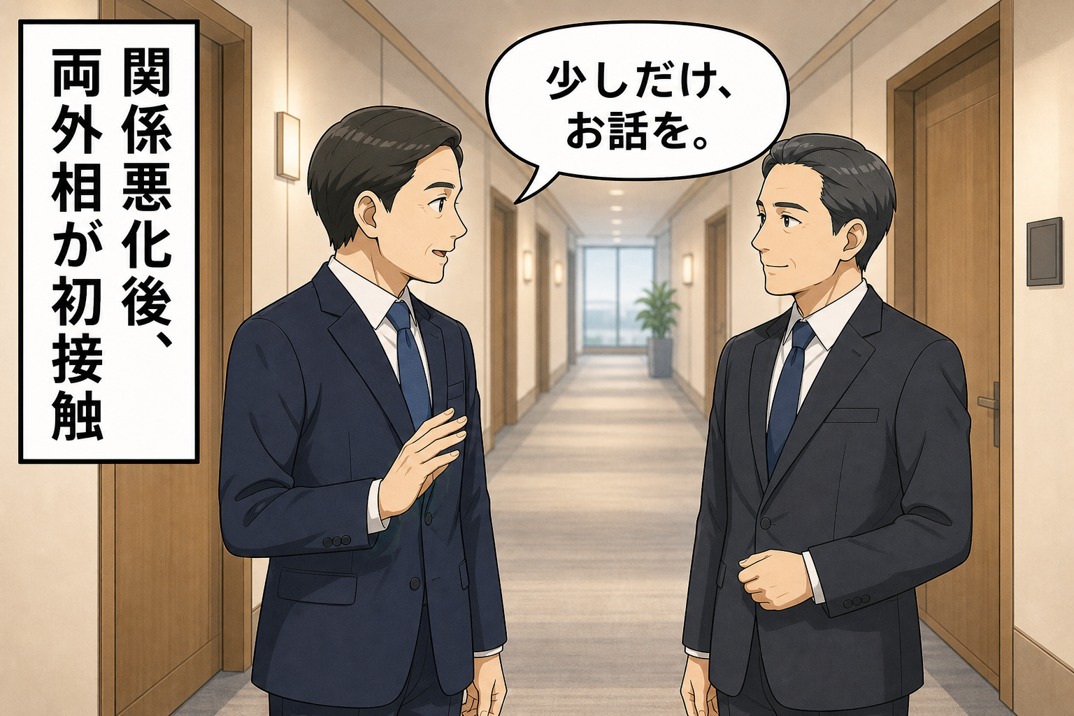 フィリピンの国際会合会場で、スーツ姿の男性の外相風キャラ二人がすれ違いざまに短く言葉を交わす中立的な一コマ漫画。