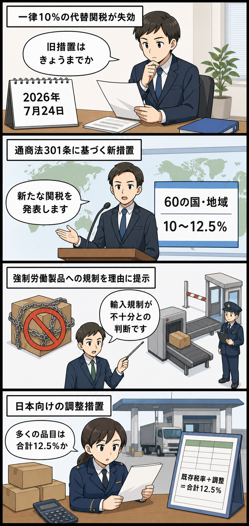 一律10％の代替関税が失効する日程を確認した後、米側の通商担当者風キャラが60の国・地域への新関税を発表し、強制労働製品への輸入規制を理由として示す。最後に日本の通関担当者風キャラが、多くの品目で既存税率...