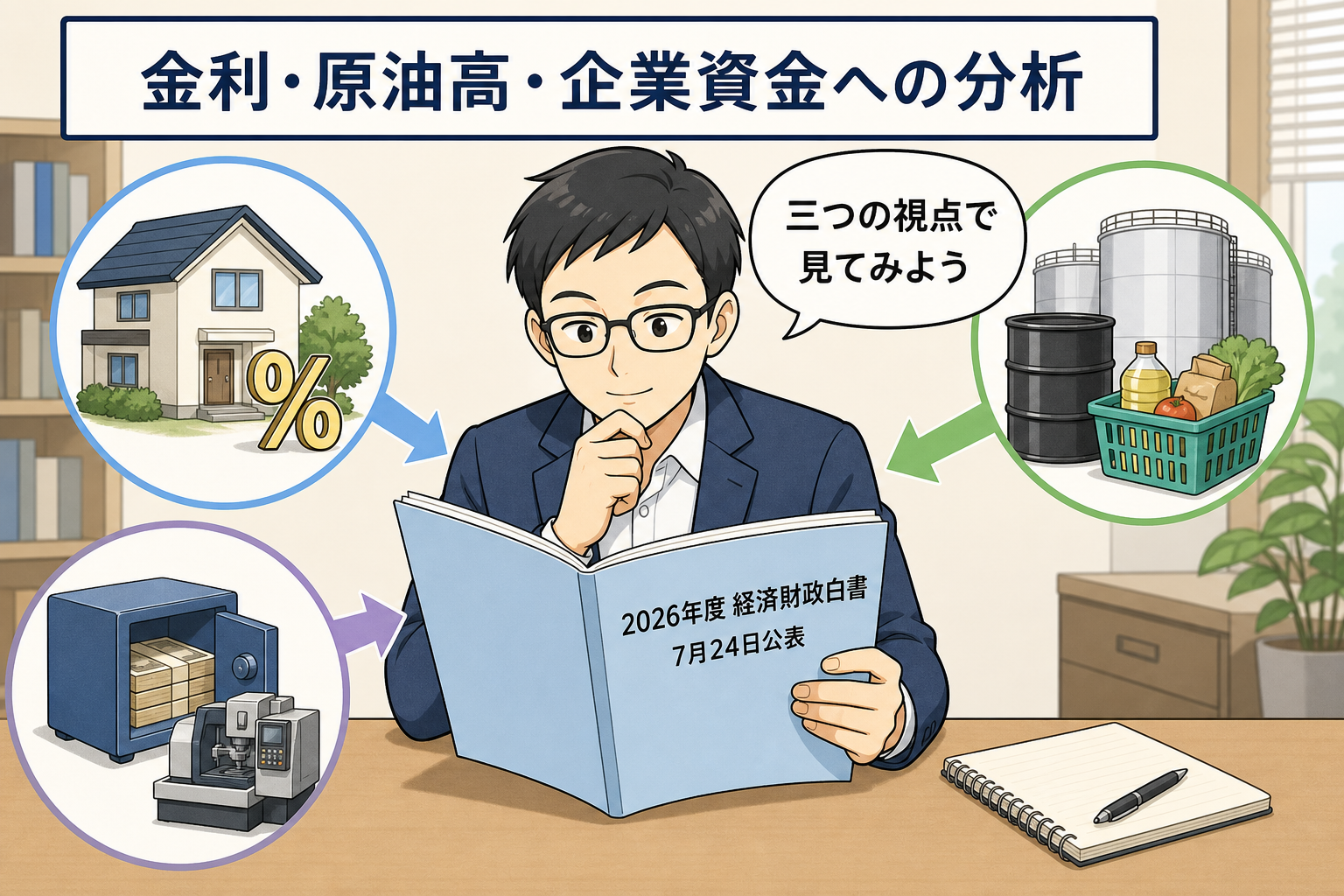 机上の経済財政白書を、家計の金利負担、原油高リスク、企業資金と投資を示す三つの資料とともに確認する一般化された専門家の漫画