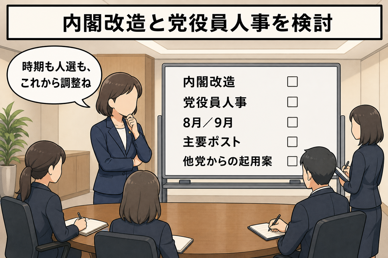 スーツ姿の女性の首相風キャラが、内閣改造と党役員人事について、実施時期や主要ポスト、他党からの起用可能性が書かれた検討ボードを確認している。