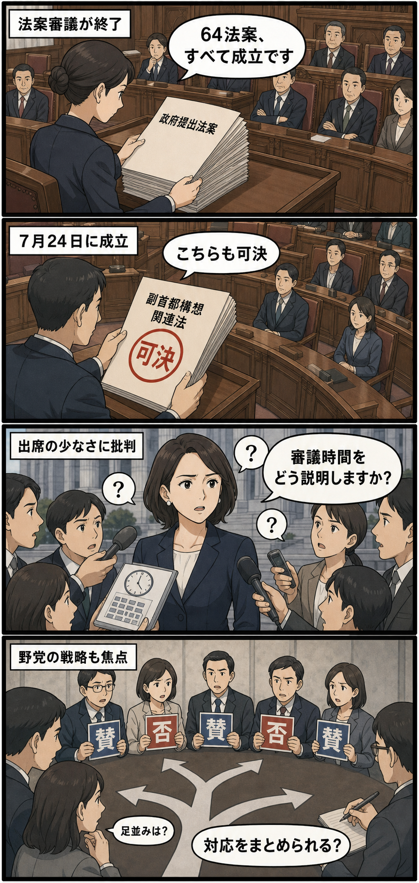 国会風の議場で64法案の成立と副首都構想関連法の可決を確認した後、審議出席時間の少なさを記者に問われる女性の首相風キャラと、対応が分かれる野党議員風キャラを描いた4コマ漫画。