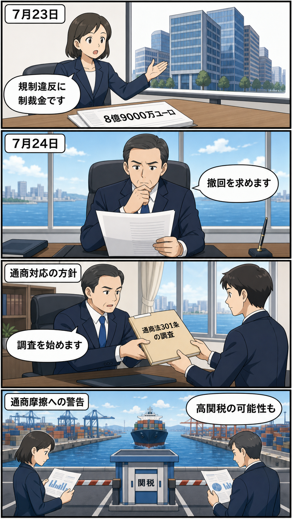 規制当局が大手IT企業への制裁金を示し、海を隔てた男性の大統領風キャラが撤回要求、通商調査、高関税の可能性を順に表明する中立的な4コマ漫画