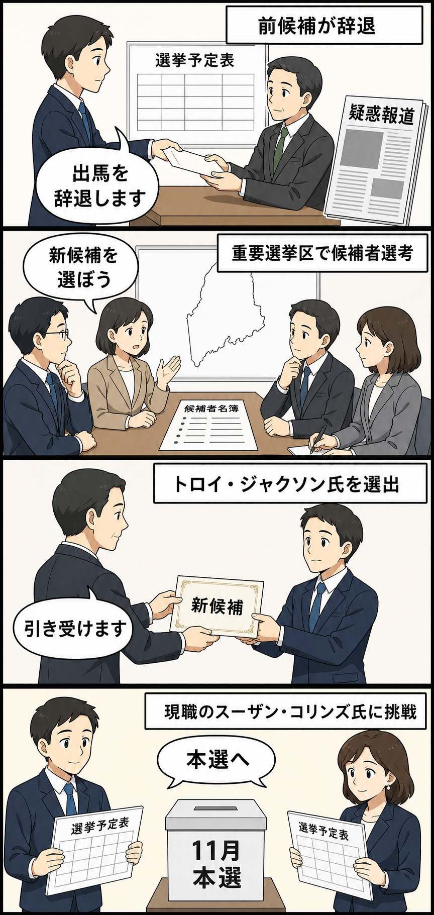 疑惑報道を受けた前候補の辞退後、民主党がメーン州の新候補を選び、11月の連邦上院選で共和党現職に挑むまでを描いた4コマ漫画。