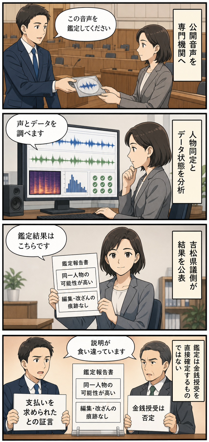 県議役の男性キャラクターが録音データの鑑定を依頼し、専門家が分析結果を示した後、前副議長役の男性キャラクターが金銭授受を否定し、双方の説明が並べて示される中立的な4コマ漫画。