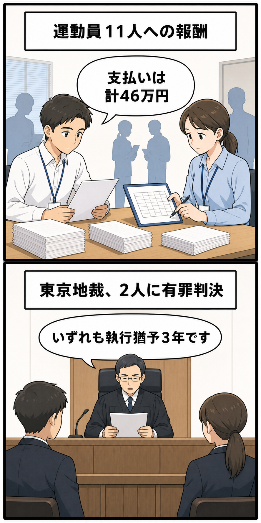 選挙陣営のスタッフが運動員への報酬を記録する場面に続き、東京地裁でスタッフ2人に執行猶予付きの有罪判決が言い渡されたことを中立的に描く2コマ漫画。