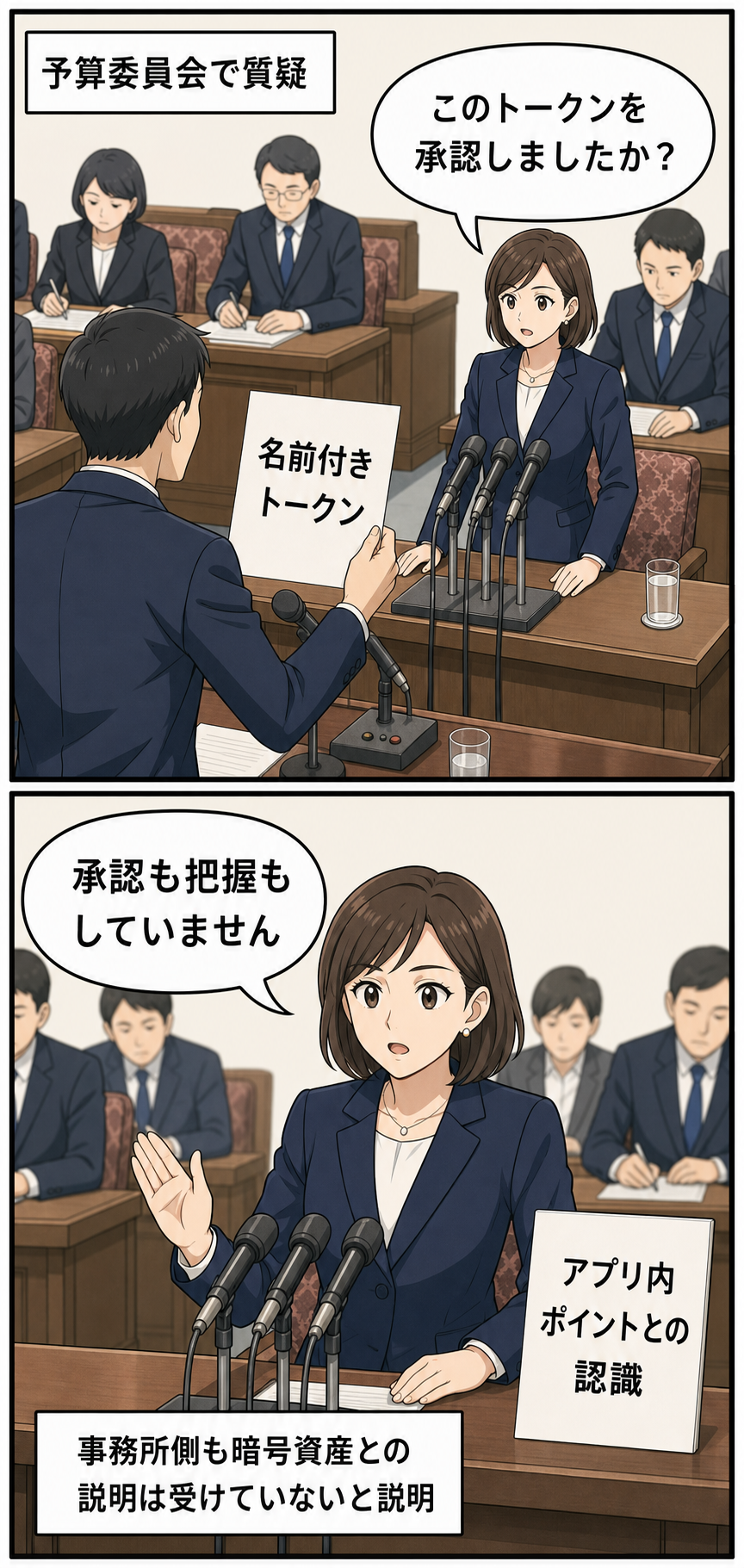 衆院予算委員会を模した場で暗号資産について質問があり、スーツ姿の女性の首相風キャラが発行や取引への承認と認識を否定する中立的な2コマ漫画。