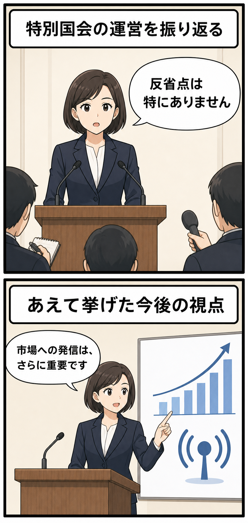 記者会見で、スーツ姿の女性の首相風キャラが特別国会の運営に反省点は特にないと説明し、続いて市場への発信の重要性を示す二コマ漫画。
