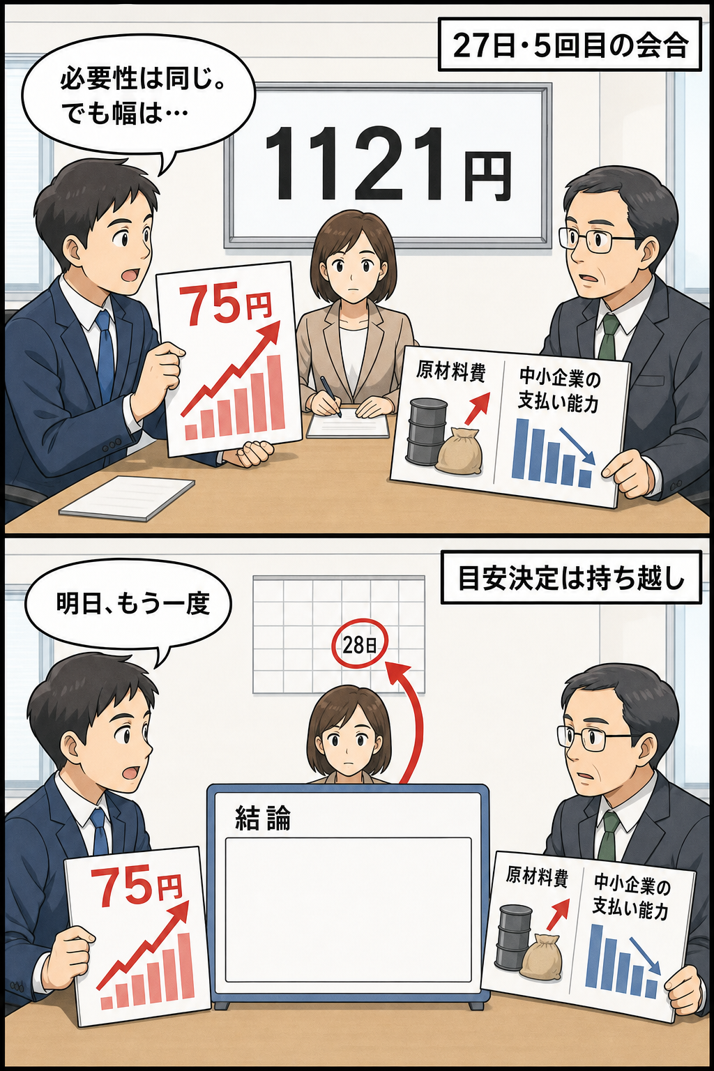 最低賃金の引き上げ幅を巡り、労働者側と使用者側がそれぞれの事情を示し、結論を出さず翌日の再協議へ進む様子を描いた2コマ漫画