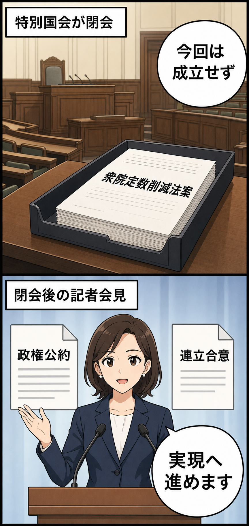 特別国会で法案が成立に至らなかった状況と、閉会後の会見でスーツ姿の女性の首相風キャラが公約と連立合意の実現を目指す方針を示す場面を描いた2コマ漫画。