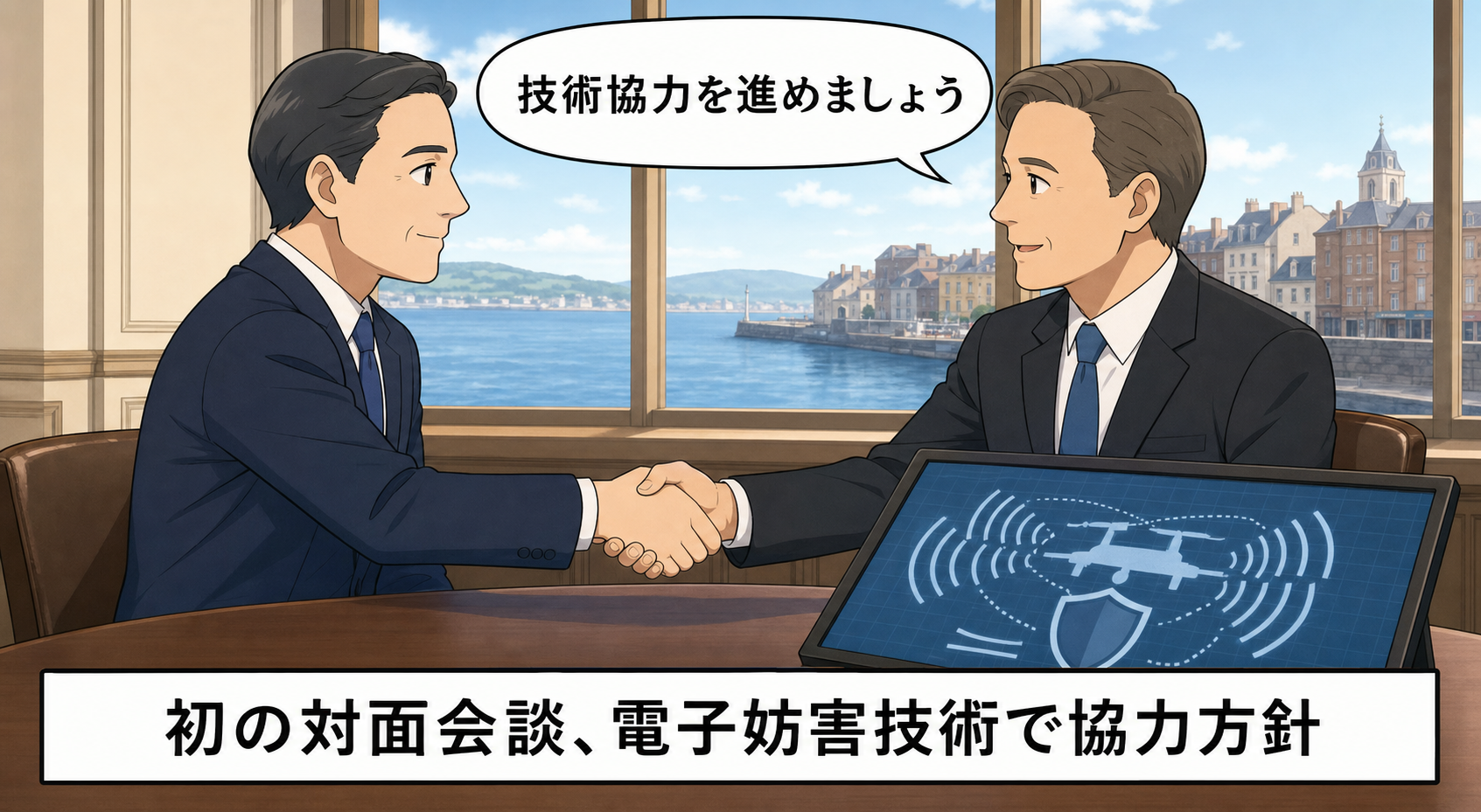 港町の会談室で、スーツ姿の男性首相風キャラと男性大統領風キャラが握手し、無人機と電波シールドの図が表示された資料を確認している中立的な一コマ漫画