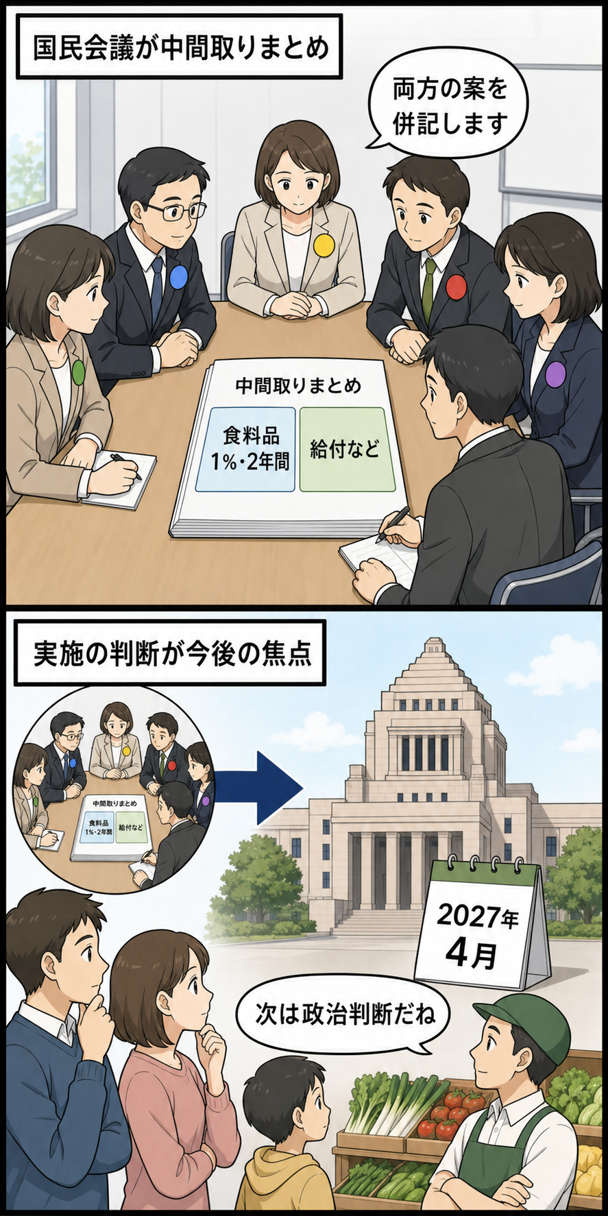 超党派会議の実務者が、食料品の消費税率を2年間1％にする与党案と給付などを求める野党案を併記した中間取りまとめを確認し、その先に政府・与党の判断が残る様子を描いた中立的な2コマ漫画。