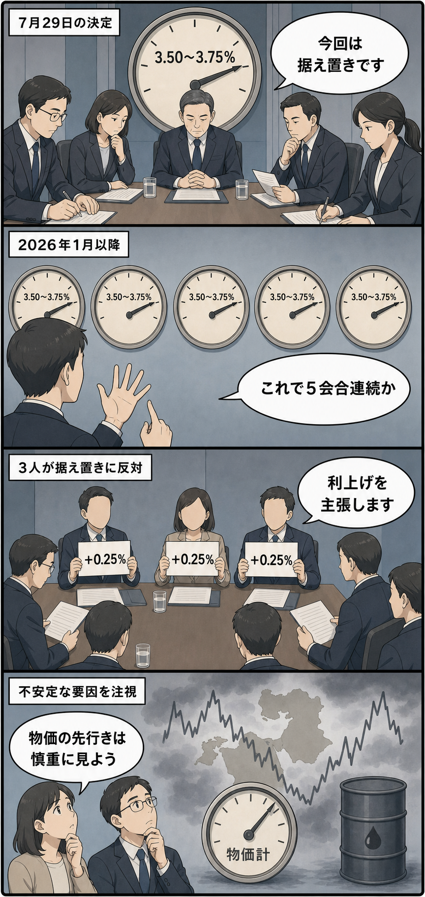 一般化された金融政策担当者たちが政策金利の据え置きを決める一方、3人が利上げを主張し、家計の人と専門家が中東情勢や原油価格を示す雲を見ながら物価の先行きを慎重に見守る4コマ漫画。