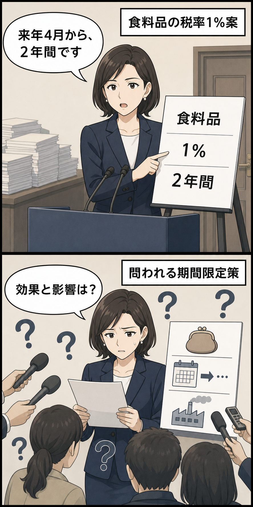 スーツ姿の女性の首相風キャラが食料品の消費税率を2年間1％にする案を掲げ、次の場面で報道陣や生活者から家計、期間終了後、産業への影響について質問を受けている。