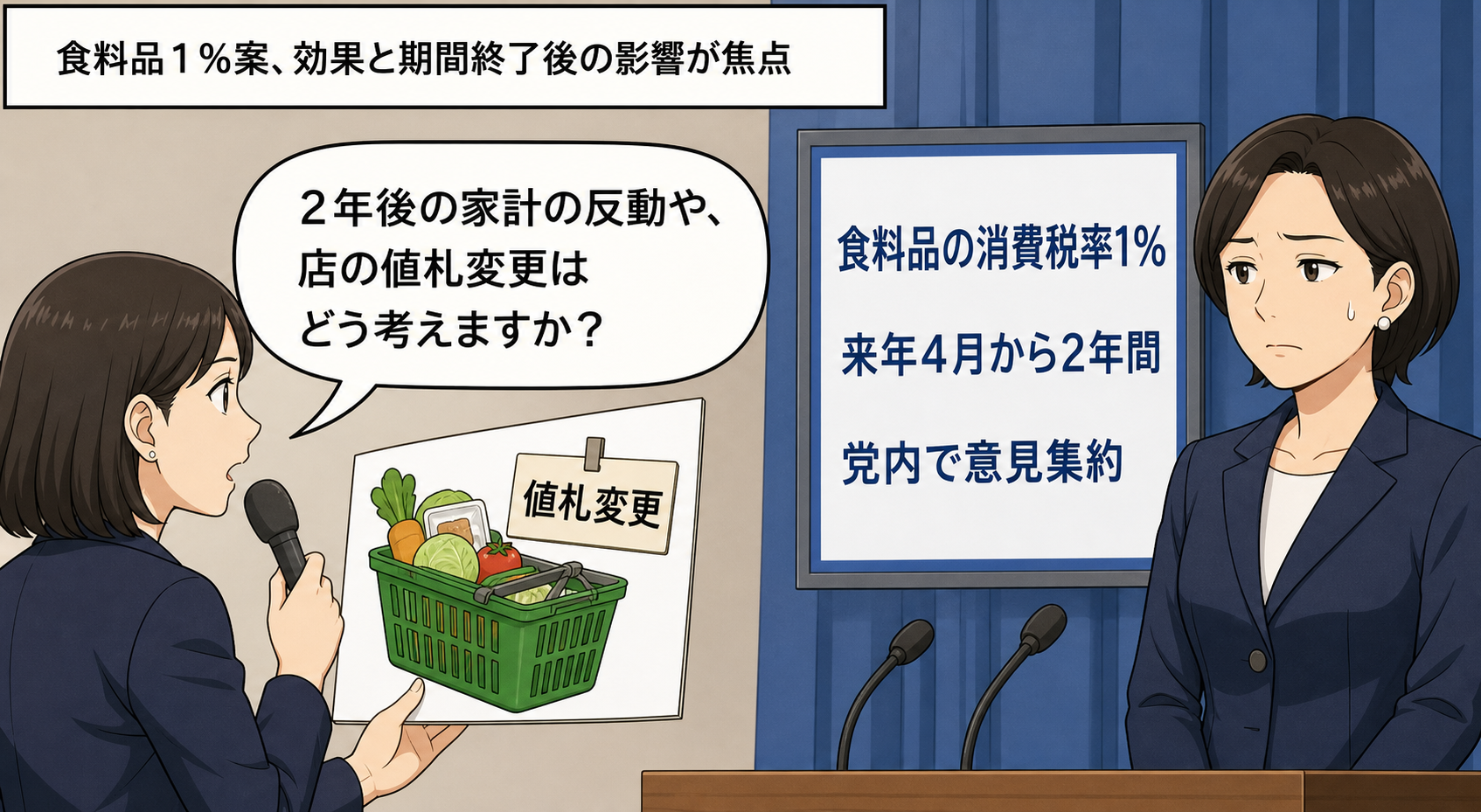 「食料品の消費税率1％、来年4月から2年間」と書かれた説明パネルの前で、スーツ姿の女性の首相風キャラが方針を説明し、記者が期間終了後の家計と事業者への影響を問いかけている。