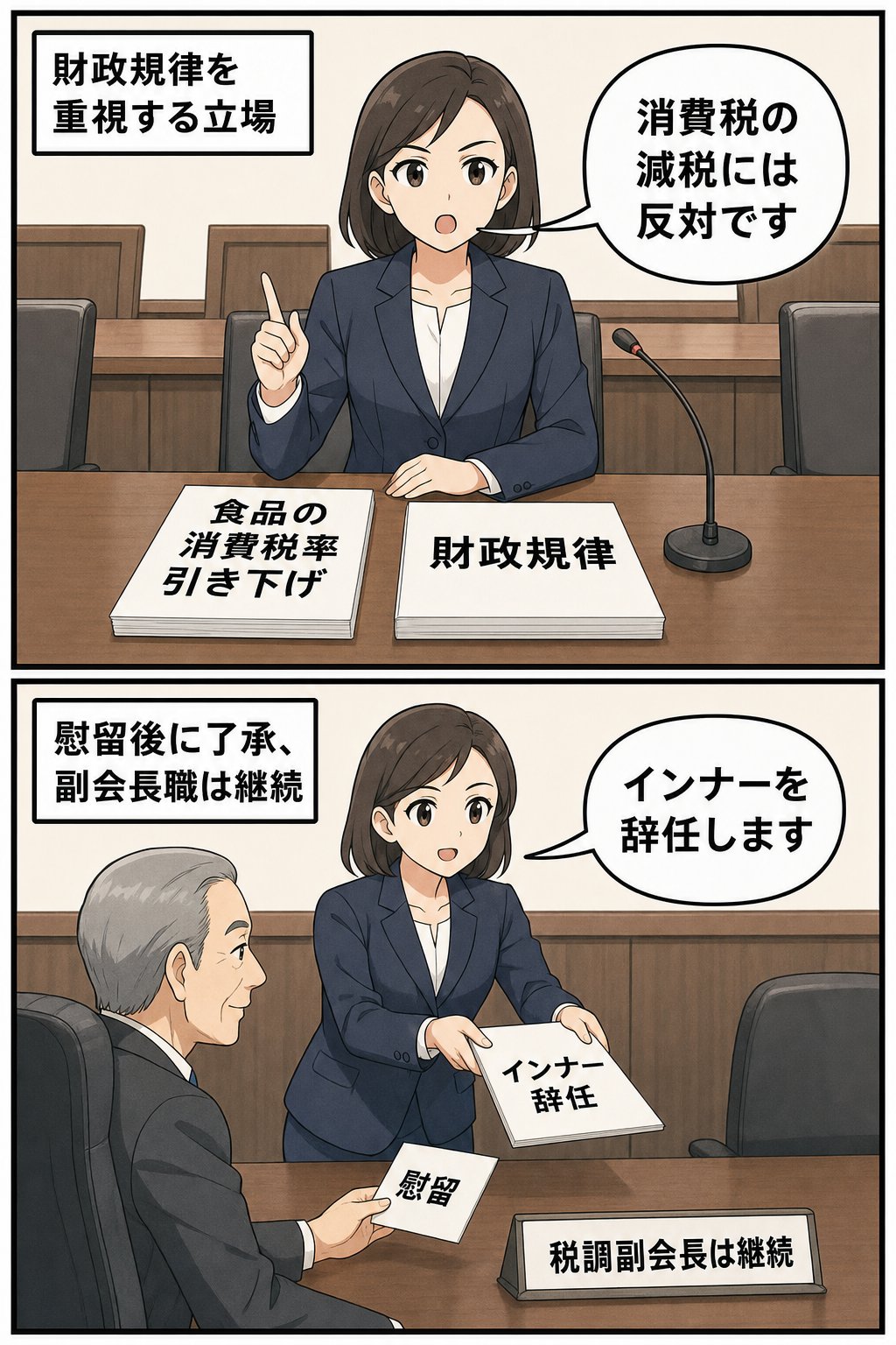 自民党税調を象徴する会議室で、スーツ姿の女性幹部風キャラが食品の消費税率引き下げへの反対姿勢を示し、その後、会長風キャラの慰留を受けながらインナーを辞任する二コマ漫画。税調副会長は続けることも示されて...