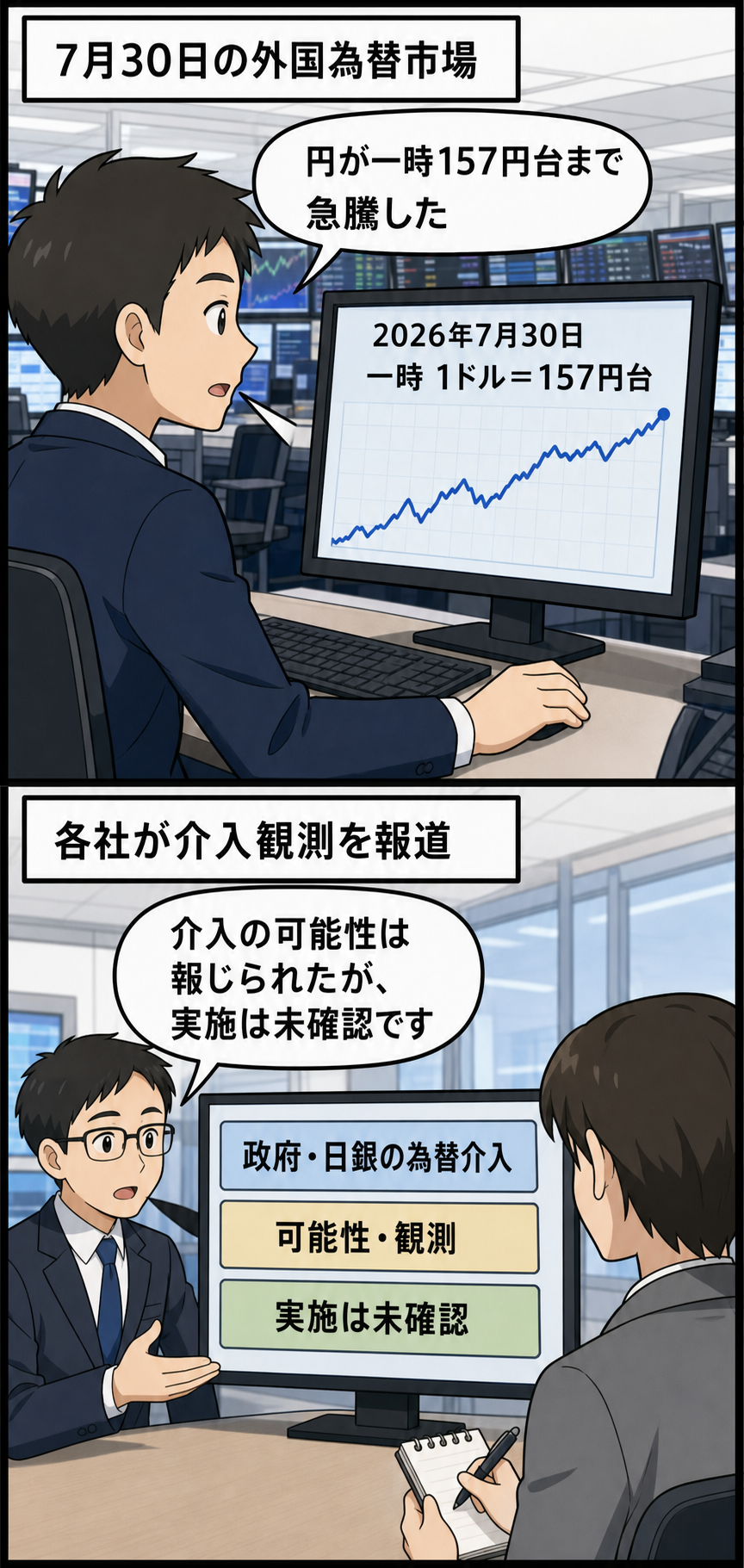 外国為替市場で円相場が一時1ドル157円台へ急騰し、市場関係者が政府・日銀による為替介入の可能性と実施未確認の状況を確認する2コマ漫画。