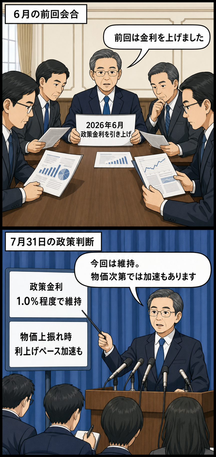 6月に政策金利を引き上げた後、7月31日に1.0％程度で据え置き、物価が上振れすれば利上げペースを速める可能性を示す中央銀行の判断を描いた2コマ漫画。