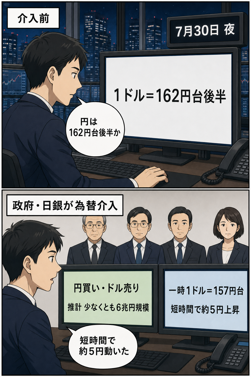 政府・日銀による円買い・ドル売り介入の前後を描く2コマ漫画。1ドル162円台後半だった円相場が、介入後に約5円上昇して一時157円台となった流れを中立的に示す。