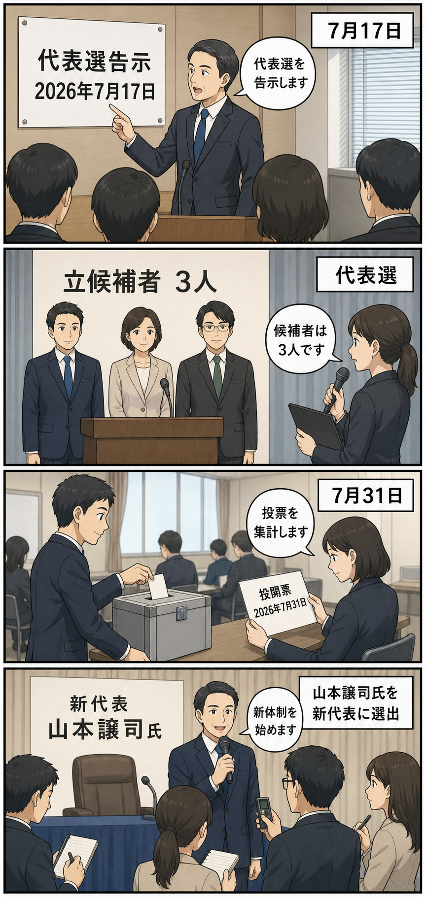 政党の代表選が7月17日に告示され、3人の候補による選挙を経て、7月31日に男性の幹事長風キャラが新代表に選ばれるまでを中立的に描いた4コマ漫画。
