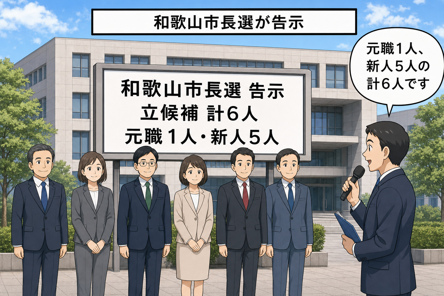 和歌山市長選の告示を知らせる掲示の前に、元職1人と新人5人を表す計6人の一般化された候補者キャラクターが並ぶ中立的な一コマ漫画。