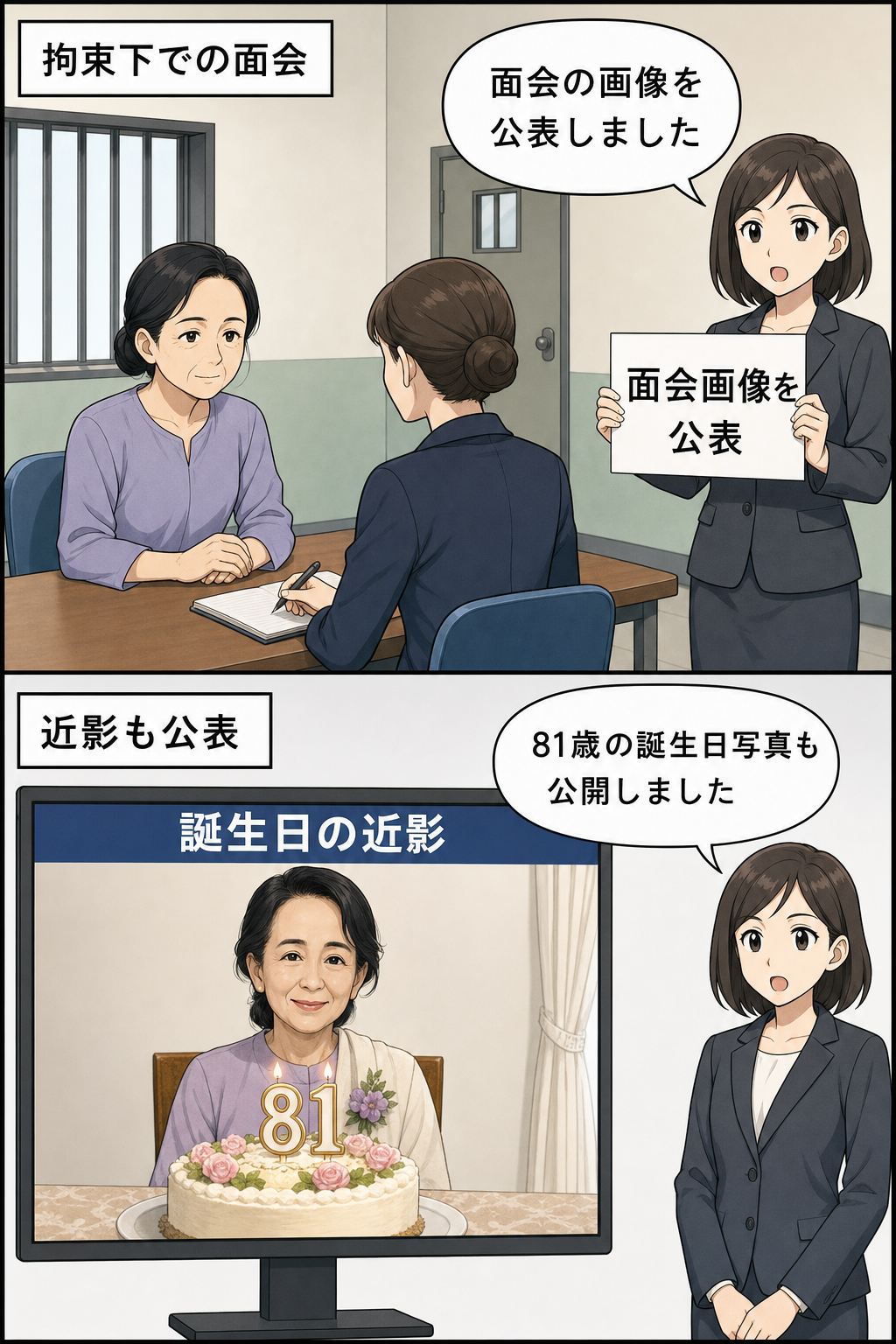 親軍政権が、拘束下の女性民主化指導者と国際人道機関の現地代表との面会画像に続き、81歳の誕生日を迎えた同指導者とケーキの写真を公表する二コマ漫画。