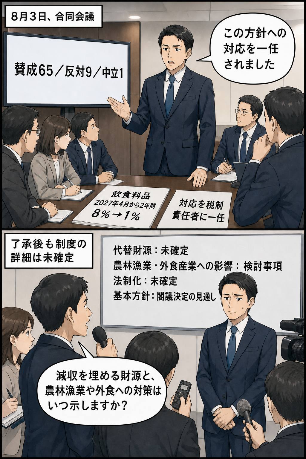 自民党を表す一般化された政党会議で、飲食料品の消費税率を2027年4月から2年間1％にする方針への対応が一任され、その後、記者が代替財源や関連業界への影響を問いただしている2コマ漫画。