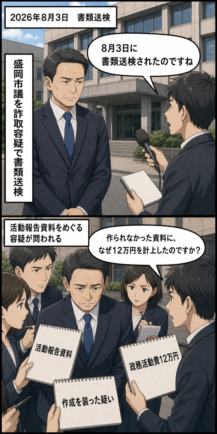 盛岡市議会の男性議員風キャラが書類送検された事実と、活動報告資料および政務活動費12万円をめぐる容疑について記者から問われる様子を描いた2コマ漫画。