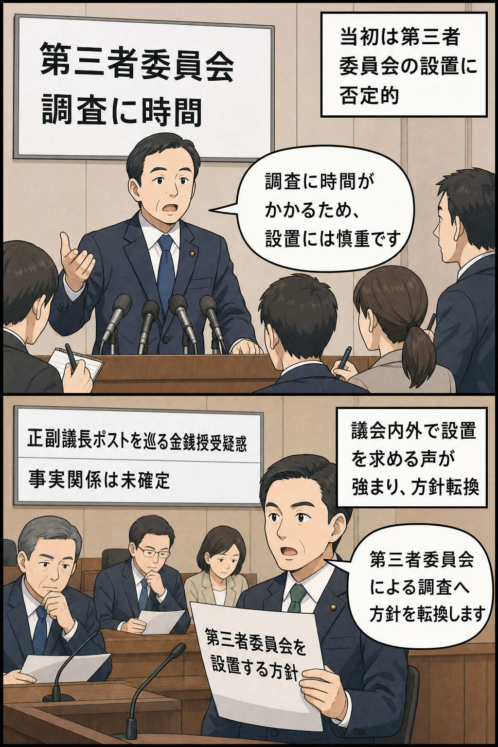 福岡県議会が、正副議長ポストを巡る金銭授受疑惑について、当初の慎重な姿勢から第三者委員会を設置する方針へ転換した経緯を描く2コマ漫画。