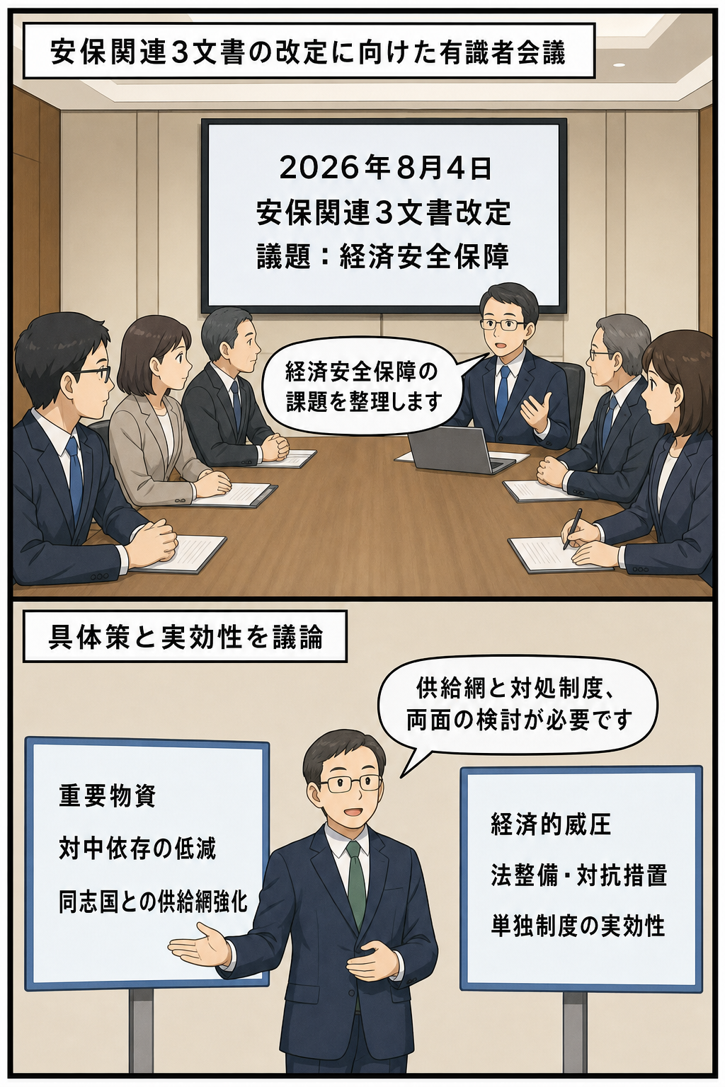 首相官邸の有識者会議で、安保関連3文書の改定に向け、中国への重要物資依存の低減と経済的威圧への制度整備が議論される様子を描いた2コマ漫画。