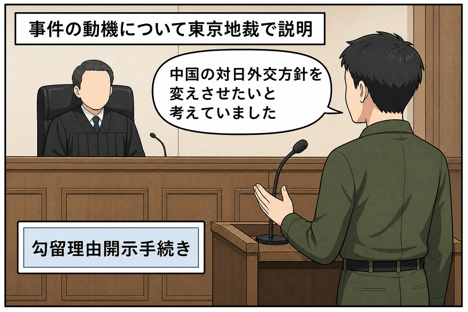 東京地方裁判所の法廷で、顔立ちを特定しない陸上自衛官風キャラが、中国の対日外交方針を変えさせたいと考えていたとの趣旨を説明している中立的な一コマ漫画。