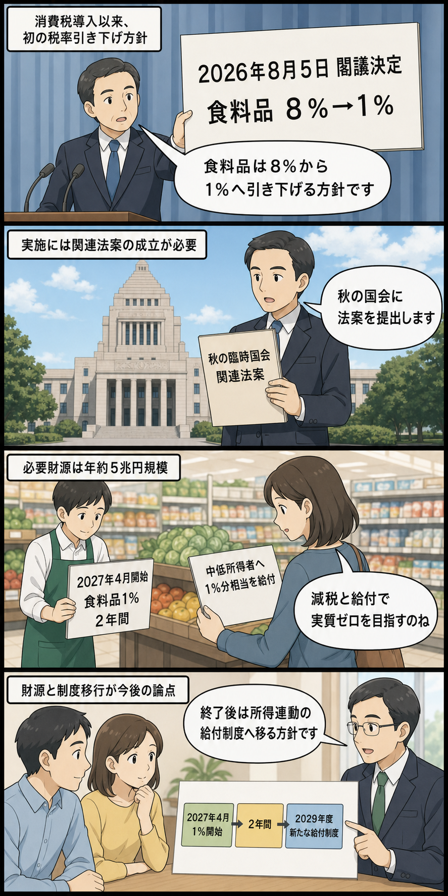 政府による食料品の消費税率引き下げ方針から法案提出、2027年の実施、2029年度以降の新給付制度までを時系列で描いた4コマ漫画。