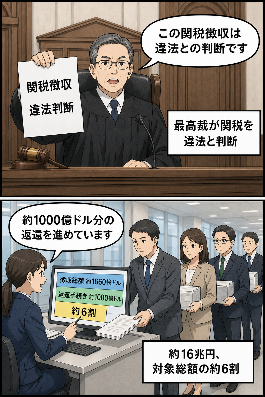 関税への違法判断を示す司法関係者と、徴収総額約1660億ドルのうち約1000億ドル、約6割の返還手続きが進んでいることを説明する担当者を描いた2コマ漫画。