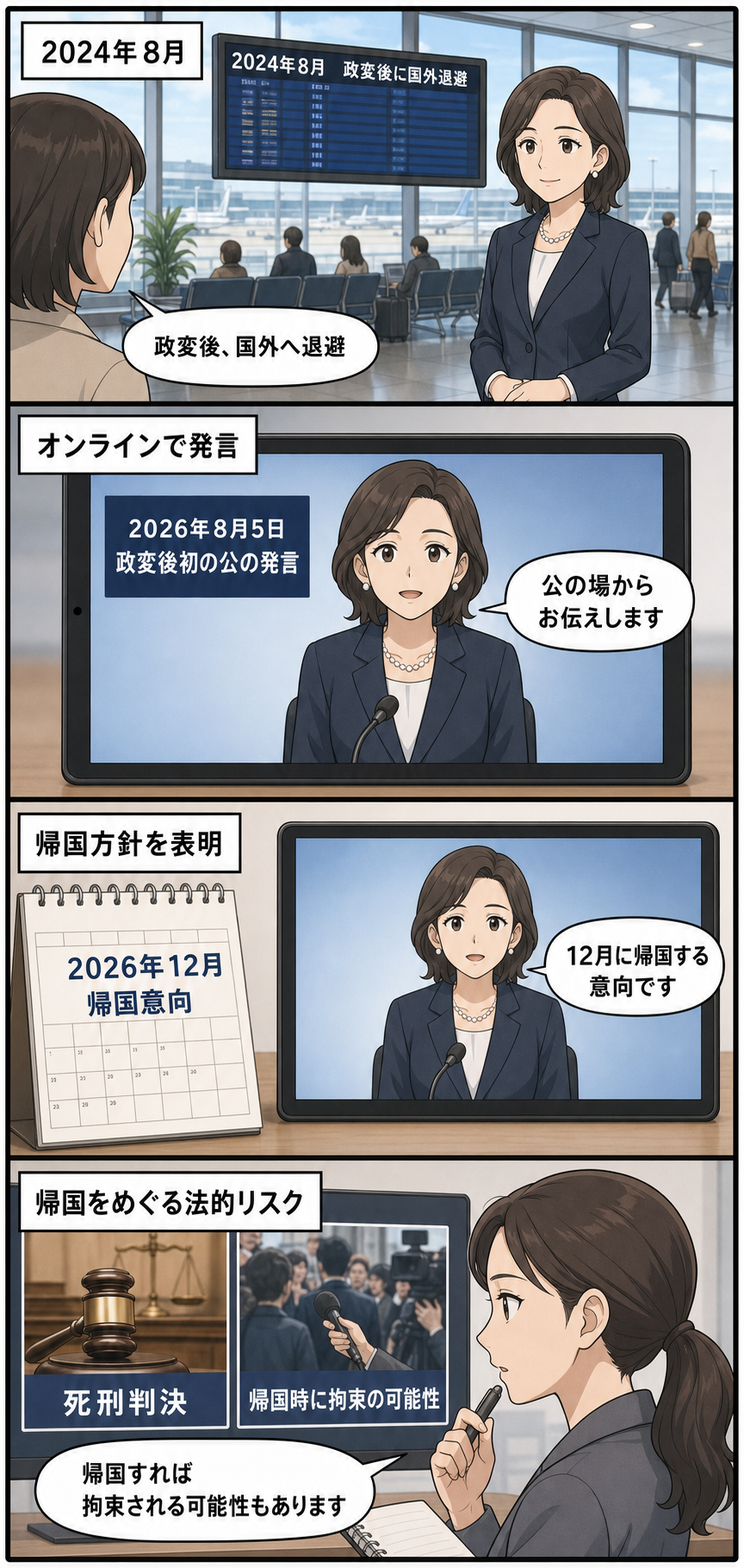 政変後に国外へ退避した女性の元首相風キャラがオンラインで公に発言し、2026年12月の帰国意向を表明する一方、死刑判決に伴う拘束可能性も示す中立的な4コマ漫画。