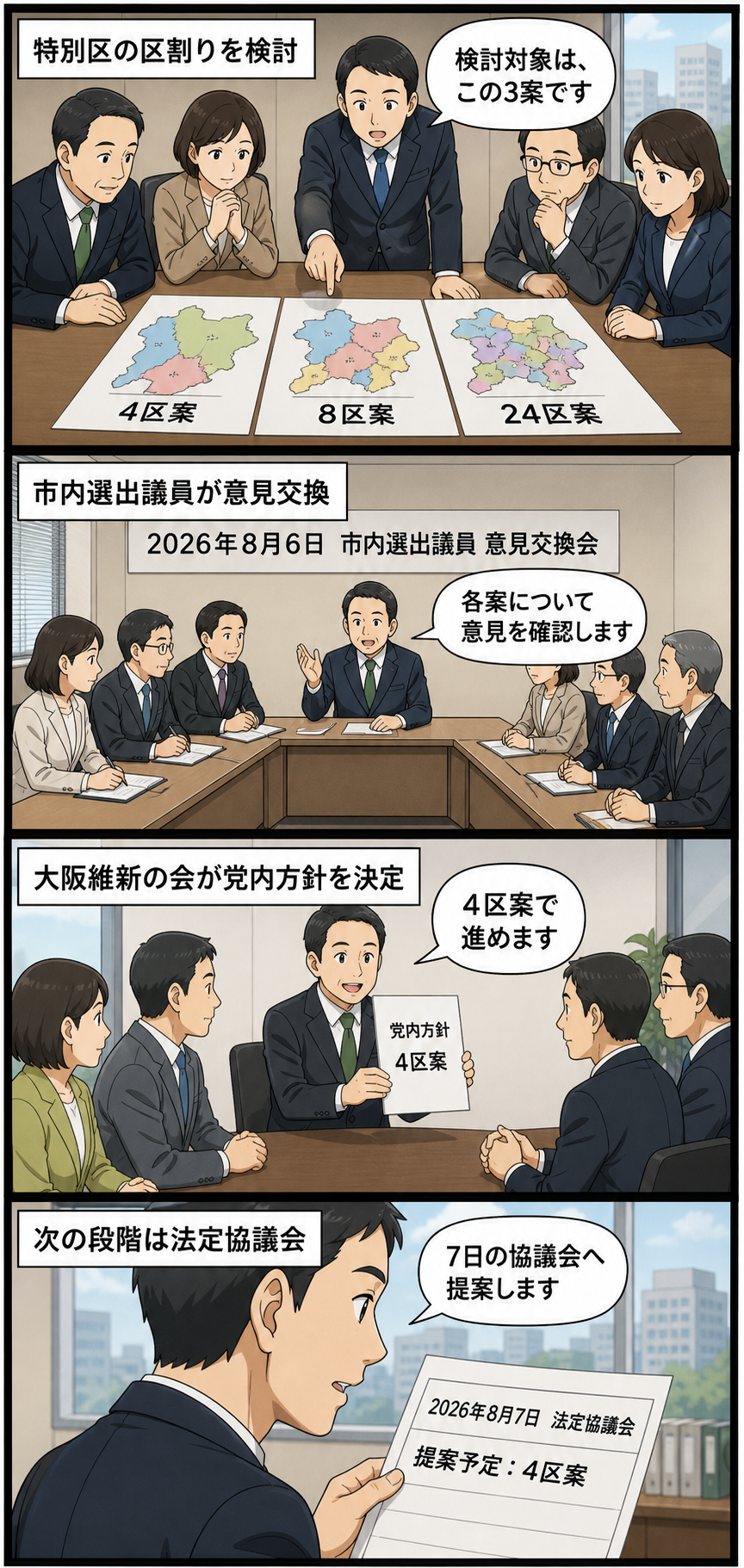 大阪都構想の特別区案について、4区・8区・24区の検討から、市内選出議員の意見交換会、4区案の党内決定、法定協議会への提案予定までを中立的に描く4コマ漫画。