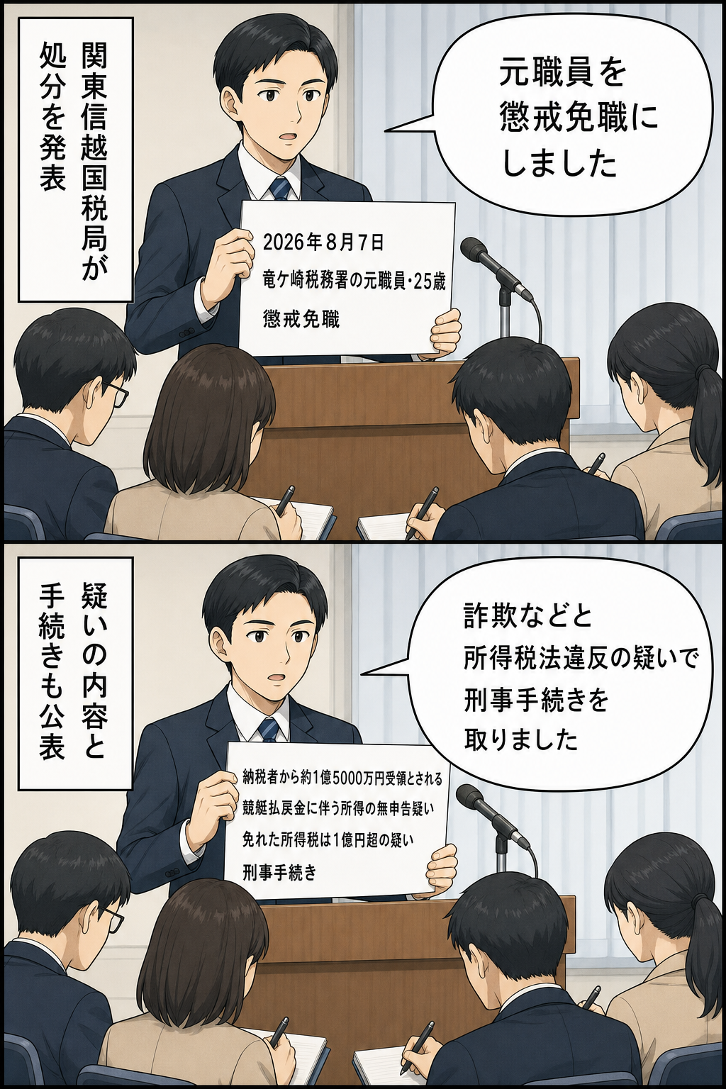 国税当局の担当者が元職員の懲戒免職を発表し、続いて金銭受領や競艇払戻金に伴う所得の無申告などの疑いについて刑事手続きを取ったと説明する、抑制された2コマ漫画。