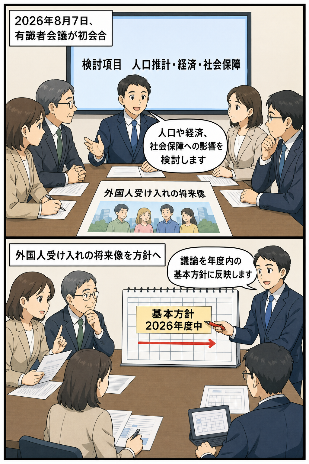 政府の有識者会議が外国人受け入れによる経済・社会保障への影響を検討し、その議論を2026年度中の基本方針に反映する流れを描いた2コマ漫画。