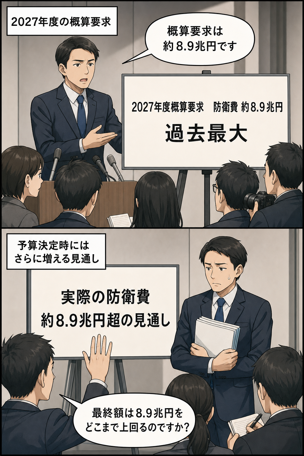 防衛省の担当者風キャラが過去最大となる約8.9兆円の概算要求を説明し、続いて記者が実際の防衛費の上振れ幅を問いただす、緊張感のある2コマ漫画。