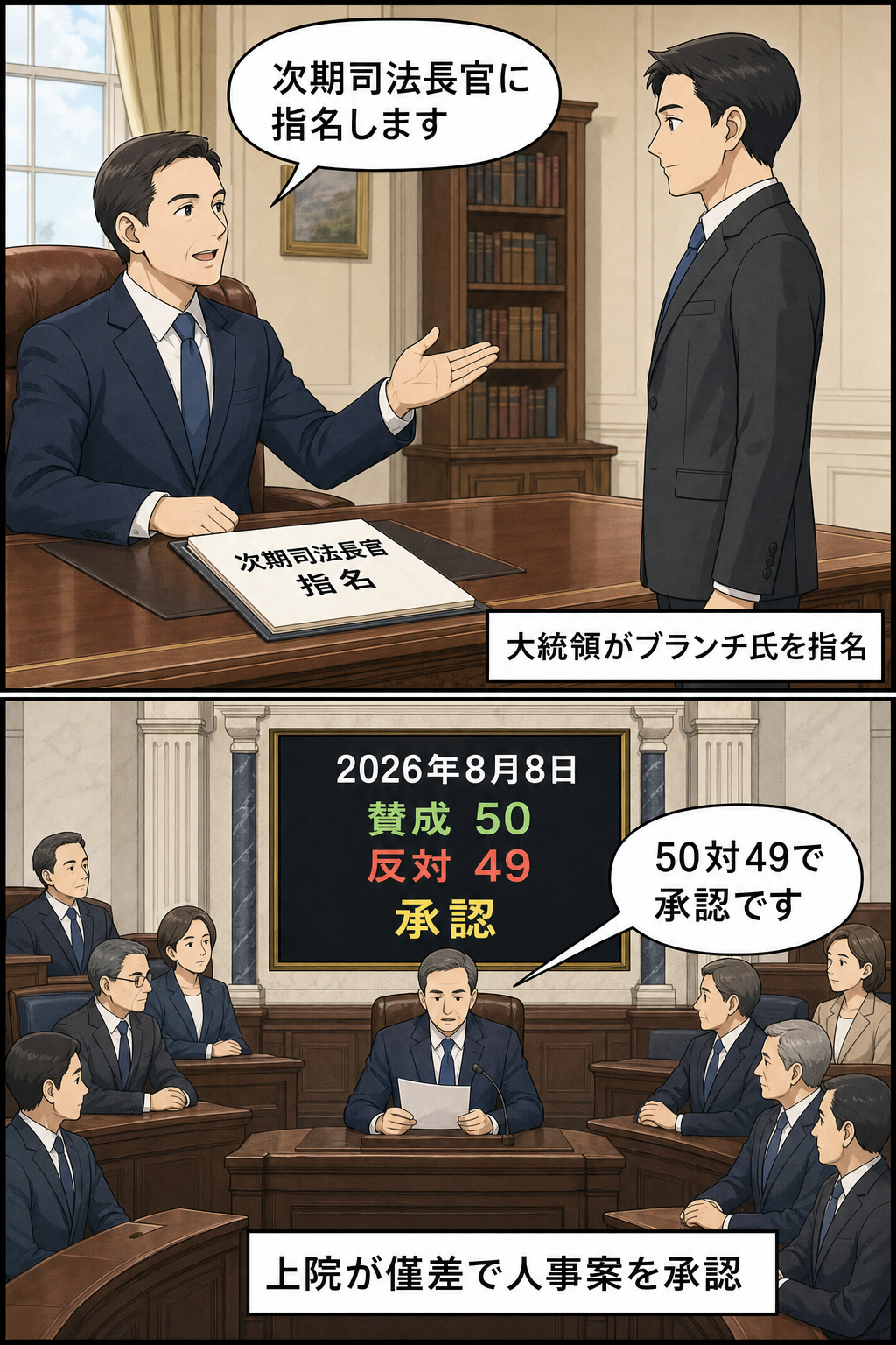 大統領風の男性キャラが男性の司法長官候補を指名し、その後、上院議場の採決で賛成50、反対49となり承認された流れを描く中立的な2コマ漫画。