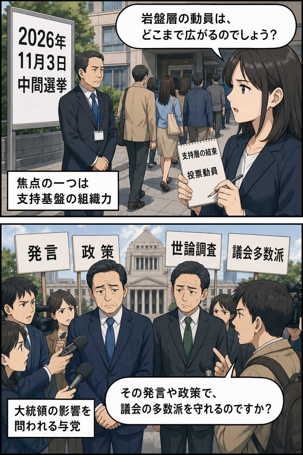 中間選挙を前に、強固な支持層の投票動員と、男性大統領風キャラの発言や政策が与党の多数派維持に及ぼす影響を報道陣が問いただす2コマ漫画。